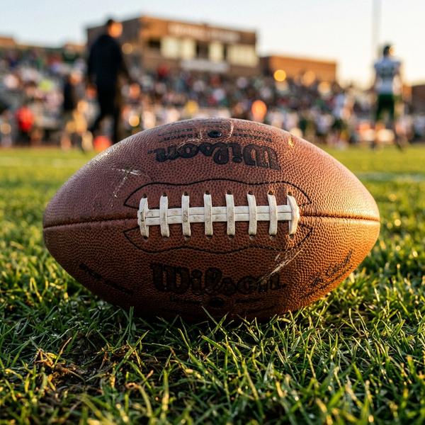 Primer plano de un balón de fútbol americano sobre el césped